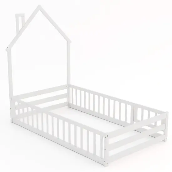 Wooden Twin Size Montessori Floor Bed with Lockable Door Guardrails and House Shape Design White {8}