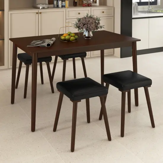 5 Piece Dining Table Set for 4 with 4 Upholstered Stools and Rubber Wood Legs-Brown {3}