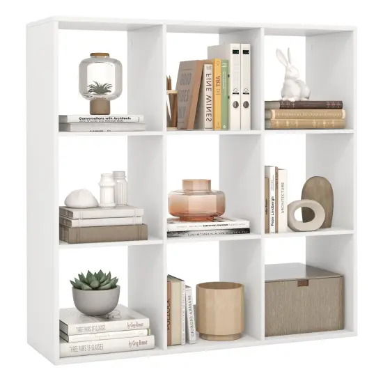 White 9 Storage Cube Bookshelf with Back Guardrail for Living Room or Bedroom {4}