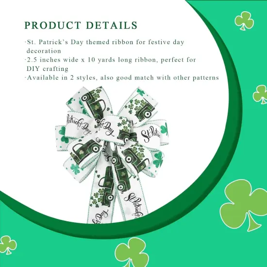 St. Patricks Day Ribbon Wired, Glitter Shamrock Green Truck Fabric Ribbons Gift Wrapping DIY Craft Wreath {5}