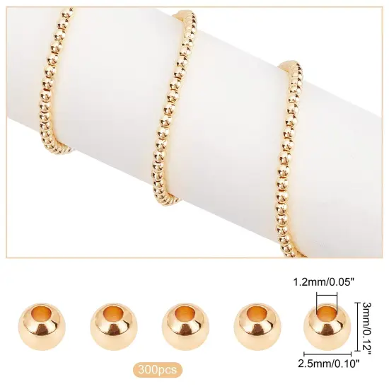 3mm 14K Gold Spacer Beads, 300pcs Mini Smooth Round Beads Seamless Ball Beads Small Brass Loose Beads Metal Beads for Summer Hawaii Layered Necklace Bracelet Jewelry Making {6}