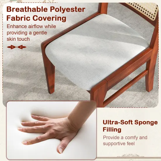 Set of 2 Rattan Back Dining Chairs with Padded Seats and Wooden Frame for Kitchen or Dining Room {5}