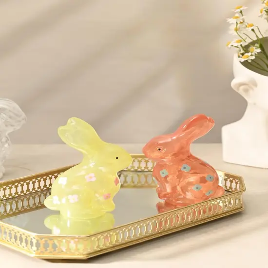 Easter Bunny Decorations Set of 2, Pink and Yellow Glass Rabbit Figurines with Delightful Flower for Spring Tabletop Decor, Indoor Home Decor {4}
