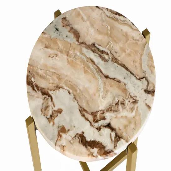 Brown Marble Side Table With Golden Metal Frame-21''Height {3}