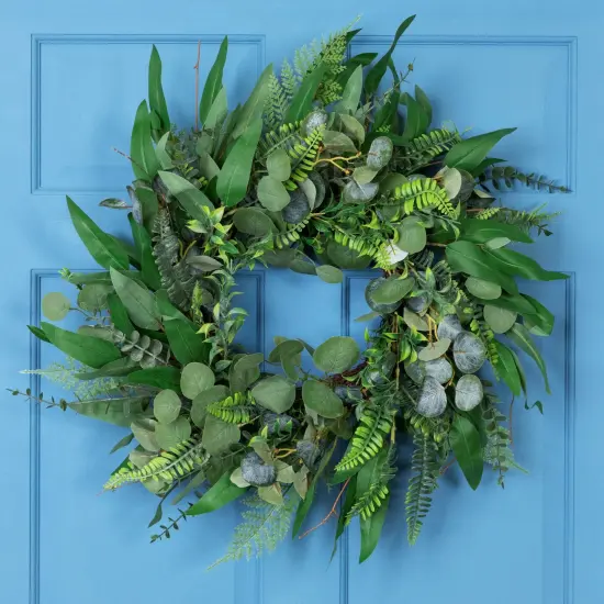 Northlight Eucalyptus and Fern Mixed Foliage Artificial Spring Wreath - 24" Green {1}