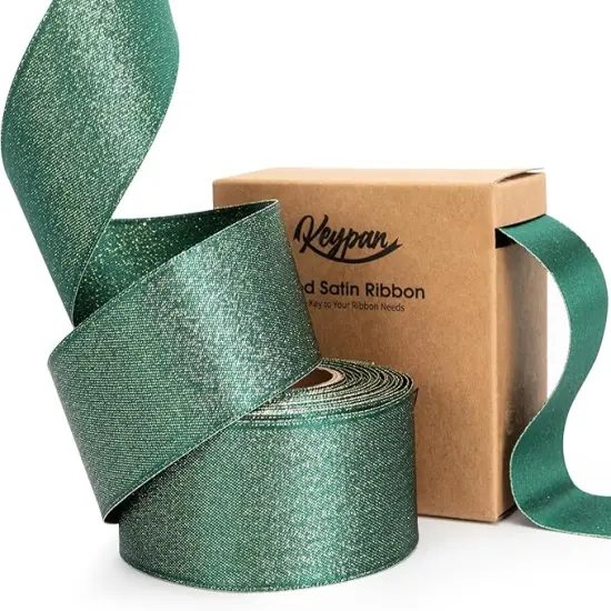 Christmas Ribbon Wired Green Satin Ribbons 1-1/2 Inch Double-Faced Gold Glitter for Tree Decoration, Wreath, Gift Wrapping, Home Decor 10 Yards {1}