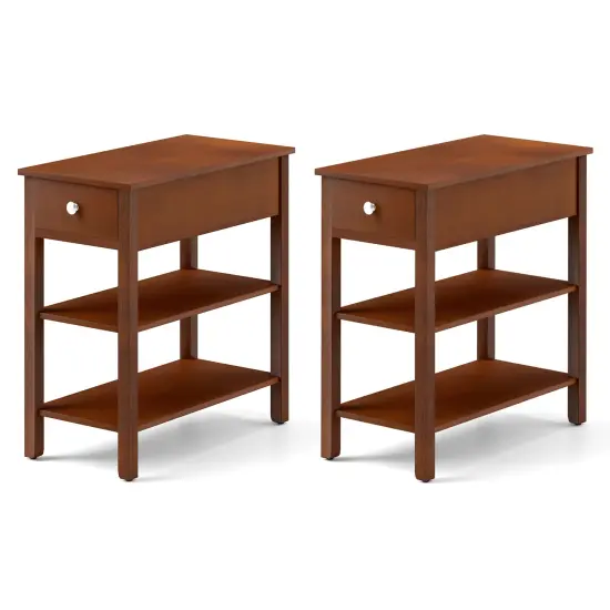 3-Tier Narrow End Table with Drawer and Storage Shelves Set of 2-Brown {1}