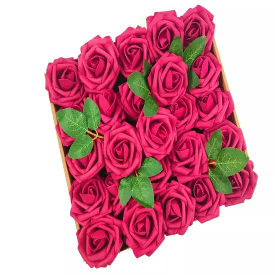 25pcs Artificial Flowers Real Looking Foam Roses Decoration DIY Fuchsia {1}