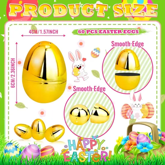 18 Pcs Shiny Golden Metallic Easter Eggs Bulk, 2.3 ", Fillable Gold Empty Easter Eggs for Fillling Candy, Treats, Easter Hunt Basket Suffers Fillers, Easter Theme Party Favors {2}