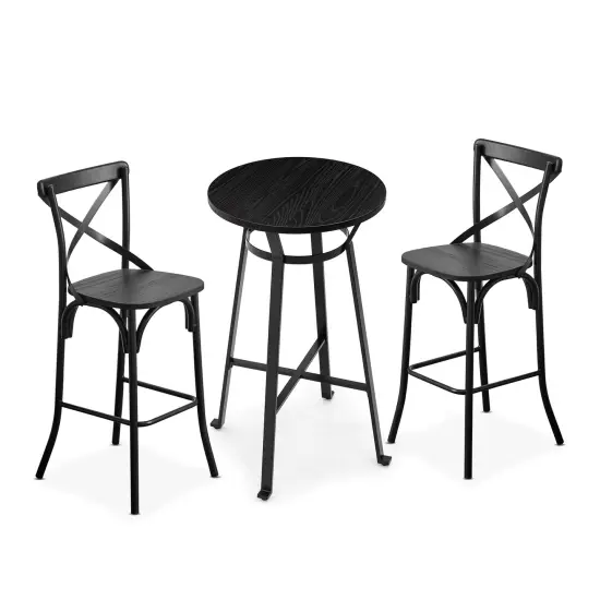 3 Piece Pub Table and Bar Chair Set - Steel Round Bar Table and Bar Chair Set Black {1}
