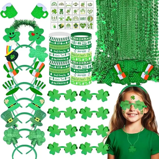 180 PCS ST Patricks Day Accessories Party Favors Supplies Decorations with Shamrock Headband Necklace Sunglasses Bracelet Tattoo Stickers {1}