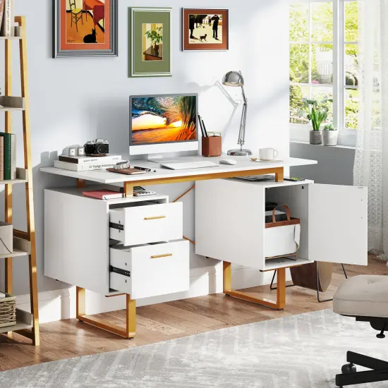 White 51 Inch Dual Drawer Computer Desk with Floating Desktop and X-Shaped Metal Frame {2}
