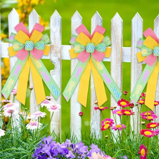 Happy Easter Large Wreath Bows for Front Door Decorations, Pink Yellow Holiday Bow Green Easter Bunny Bows {3}