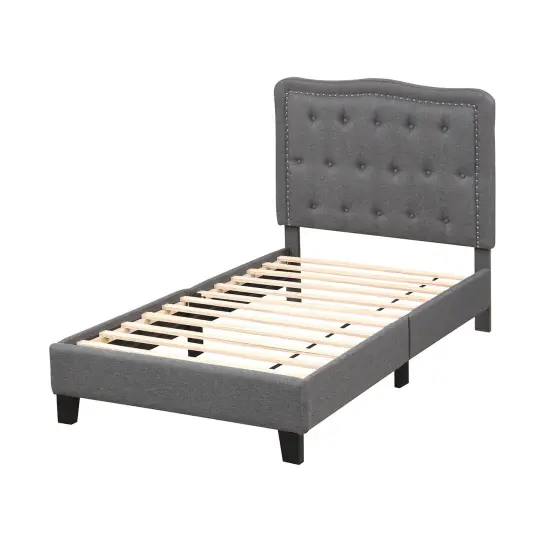 Twin Size Bed Frame with 46 Inch Tall Button Tufted Headboard-Gray {1}