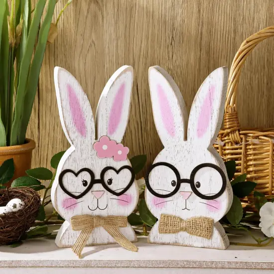 Easter Decorations: Rustic Antique Wooden Bunny Couple Happy Easter Table Centerpiece Signs, Farmhouse White Rabbit with Glasses Wood Easter Decor for Home Office Table, Cute Easter Gifts {3}