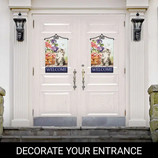 G128 Combo Pack Garden Flag Hanger 14IN & Garden Flag Welcome Kitten Flowers Printed 12x18IN Double Sided {6}