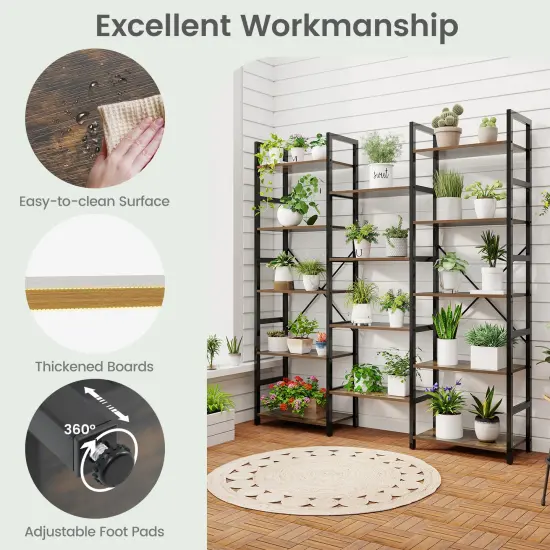 Rustic Brown 5-Tier Triple Wide Heavy-Duty Metal Frame Bookshelf with Adjustable Foot Pads {6}