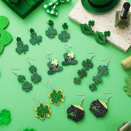 8 Pairs St. Patrick's Day Earrings for Women Acrylic Stud Irish Shamrock Dangle Earrings Green Hat Gold Pot Four Leaf Clover Earrings for Festival St Patty's Jewelry {2}