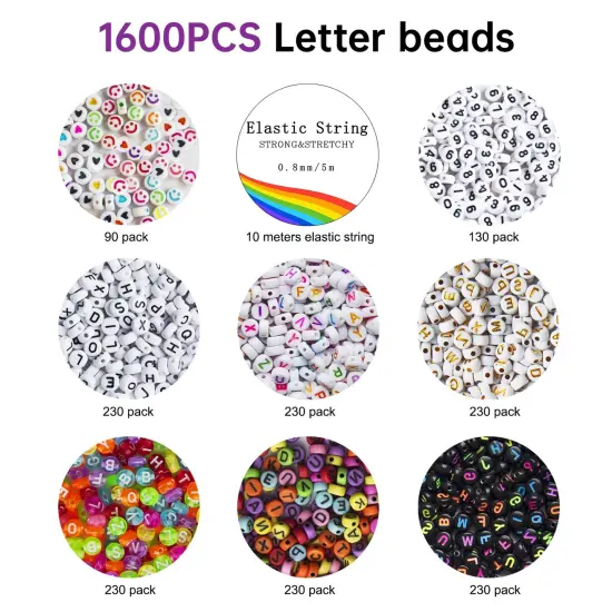 1600 Pcs Letter Beads Kit, 6 Styles of Colorful Alphabet Beads for Bracelet, Number Beads Smiley Face Beads Heart Beads and a Roll of Elastic String for Friendship Bracelet Kit. {2}