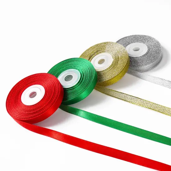 4 Rolls 3/8" Christmas Ribbon - Glitter Metallic Ribbon & Satin Ribbons Set, Total 100 Yards Xmas Holiday Festival for Gift Wrapping, Crafts, Festival Ornaments, Wedding Party Decoration {1}