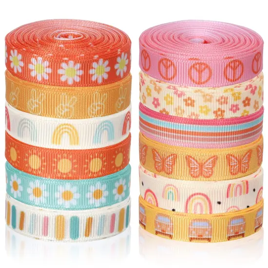 12 Rolls Groovy Retro Hippie Boho Ribbon Rainbow Butterfly Daisy Flower Craft Ribbon 60 Yards 3/8 Inch Printed Grosgrain Fabric Ribbon for Wreath Bow Making DIY Crafts Wrapping {2}