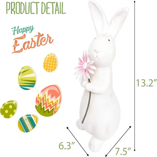 Spring Easter Decorations, 13.2" Distressed Resin Easter Bunny with Pink Flower, Easter Gifts, Farmhouse Decorative Rabbit for Tabletop Mantel, Spring Garden Yard Decor {2}