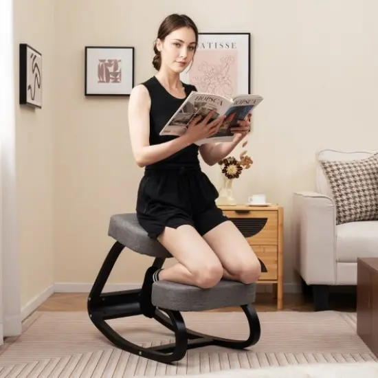 Gray Wooden Ergonomic Rocking Kneeling Chair with Crossbars and Padded Cushion {3}