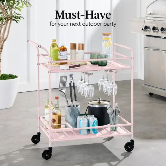Best Choice Products 2-Tier Rolling Bar Cart Indoor/Outdoor w/ Storage Shelves, Wine Rack, Lockable Wheels Pink {3}