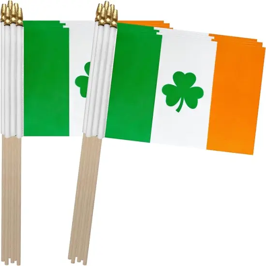 TSMD Ireland Irish Shamrock Stick Flag Saint Patrick's Day Clover Small Mini Hand Held Flags,5x8 Inch,12 Pack {1}