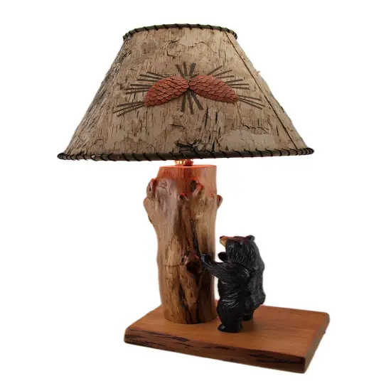 Handcrafted Rustic Wood Black Bear Lamp w/Decorative Bark Shade {1}