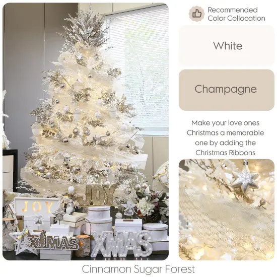 6-Inch-Wide Sheer Glitter Yarn Ribbon, Decorative Mesh Ribbon for Christmas Trees, Wreaths, Garlands, Art Crafts, Bouquets, Seasonal Decorations (3-Pack, 10-Yard/Pack, Champagne) {5}