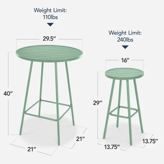 Best Choice Products 3-Piece Steel Patio Bar Height Round Bistro Set w/ Backless Stools, Slatted Design Sage {2}