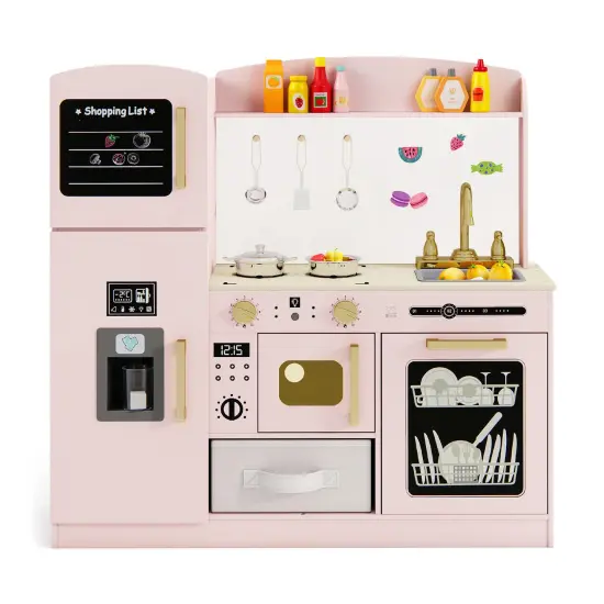 Wooden Kids Kitchen Playset with Chalkboard, Ice Maker, Sink & Lighted Microwave Pink {1}