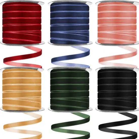 6 Rolls Velvet Ribbon 3/8 Inch Wide Total 150 Yards Single Face Thin Velvet Ribbon for Wrapping Gift, Valentine's Day Tree Garland Decoration Wreath Craft Bow Making {2}