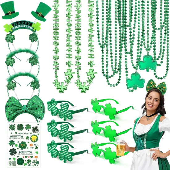 29Pack St Patricks Party Favors of 16pcs Shamrock Beads Necklace Bulk, 6pcs Clover Eyewear Sunglasses, 6pcs Green Hats Headband, 1pc St. Patrick's Day Stickers Party Dressing-up Costume Accessories {1}