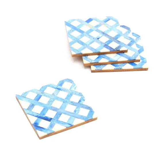 White/Blue Dyed Bone Inlaid Square Coaster Set - 4" X 4" {2}