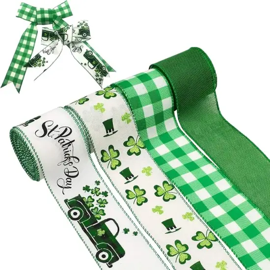 4 Rolls Shamrock Wired Edge Ribbon - 2.5''&times;24 Yard St Patrick's Day Green Wired Ribbon, Burlap Plaid Shamrock Fabric Craft Irish Ribbon for Gift Wrapping, Wedding Birthday Crafts Decorations {1}