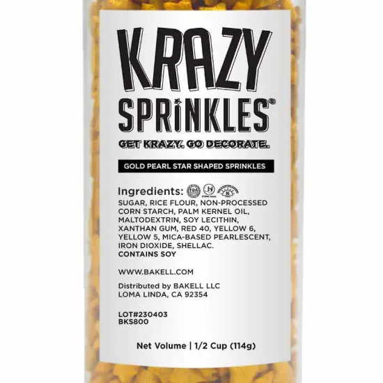 Krazy Sprinkles - Gold Pearl Stars (1/2 Cup, 1x Jar) for Cakes, Ice Cream & Cookies {5}