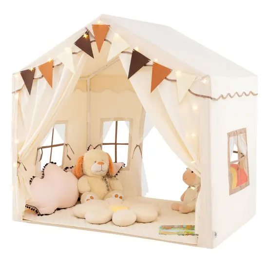 Kids Large Play Tent House with 2 Opening Door and Star Lighting Perfect for Gift Beige {4}