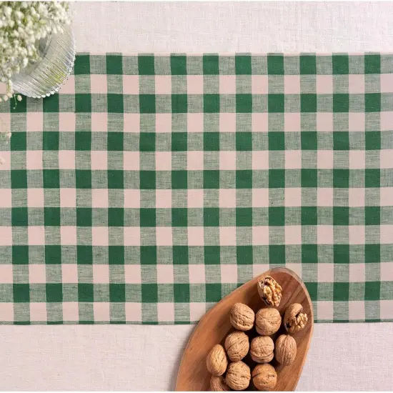 Checkered Linen Table Runner 60 inch - 100% Pure Linen Green and Natural Plaid Table Runner 14 x 60 Inch Ideal for Dresser and Coffee Tables - Morgan Check {4}
