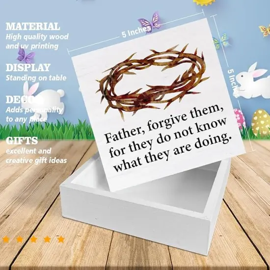 Christian Easter Decor Rustic Religious Wooden Sign Farmhouse Easter Desk Decorations Home Living Room Shelf Decor 5 x 5 Inches {3}