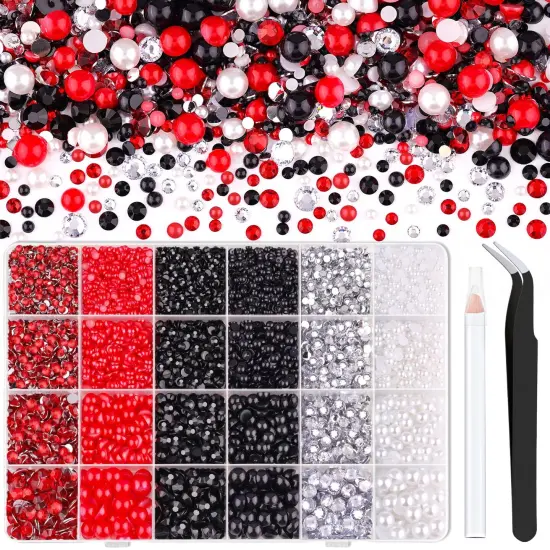 9000PCS Flatback Pearls and Rhinestones for Crafting, Red White Black Mixed Size 3-10mm Resin Rhinestones and Half Pearls for Bedazzling, Nail Art and Decoration with Tweezer and Pickup Pencil {1}