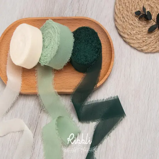 Green Ribbon 1 Inch x 3 Rolls Total 24 Yards Ivory/Sage/Forest Green Handmade Fringe Chiffon Silk Ribbon for Wrapping Wedding Invitations Bridal Bouquets DIY Crafts Home Decor {1}
