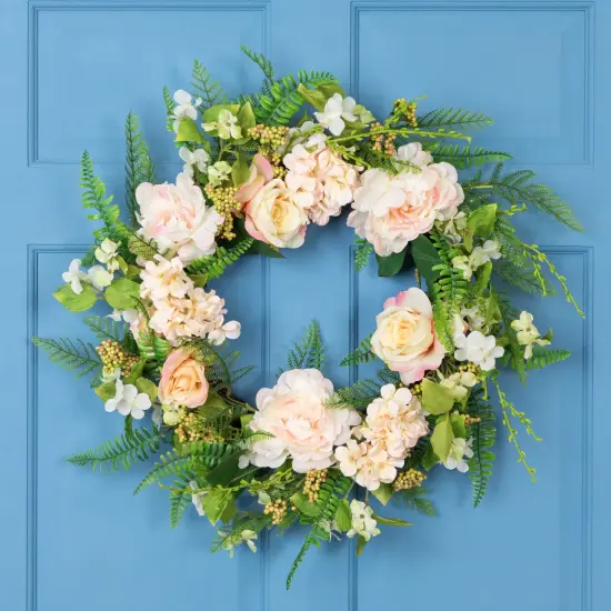 Northlight Rose and Peony Fern Artificial Floral Spring Wreath, Pink - 24-Inch {1}
