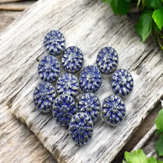 *12* 15mm Navy Blue Silver Luster Dahlia Flower Coin Beads {1}