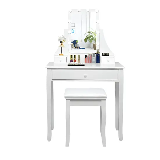 10 LED Lighted Mirror and 3 Drawers Vanity Table Set White {1}