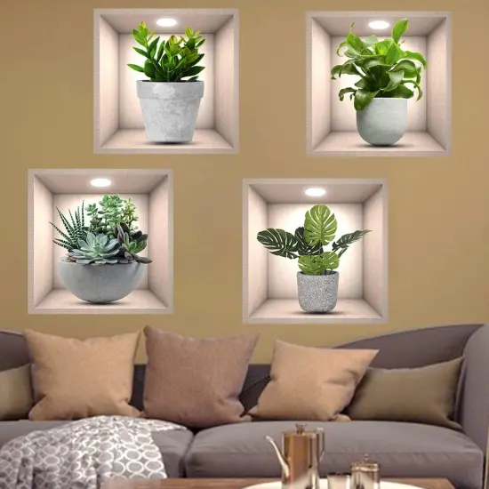 4 Pack 3D Green Plants Wall Stickers Botanical Plants Wall Decals for Bedroom Living Room Kitchen {4}