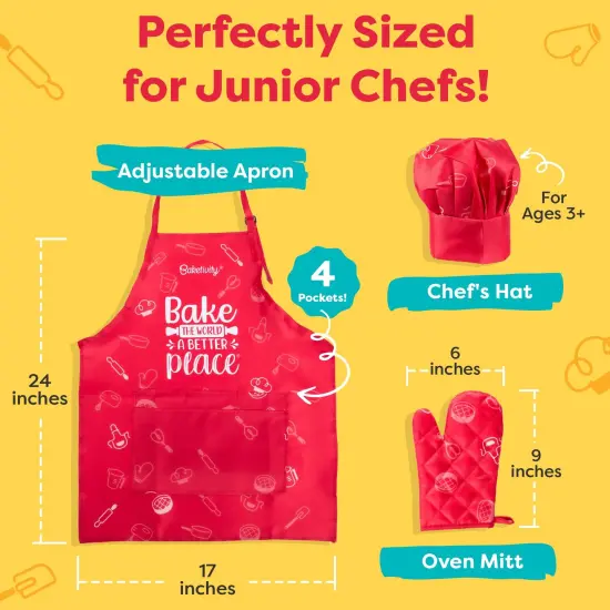 Baketivity Kids Chef Hat and Apron Set for Boys & Girls - One Size Fits All (Adjustable) - Premium, Washable Kids Apron and Chef Hat Set for Cooking - Young Chefs & Junior Bakers Chef Outfit for Kids {5}