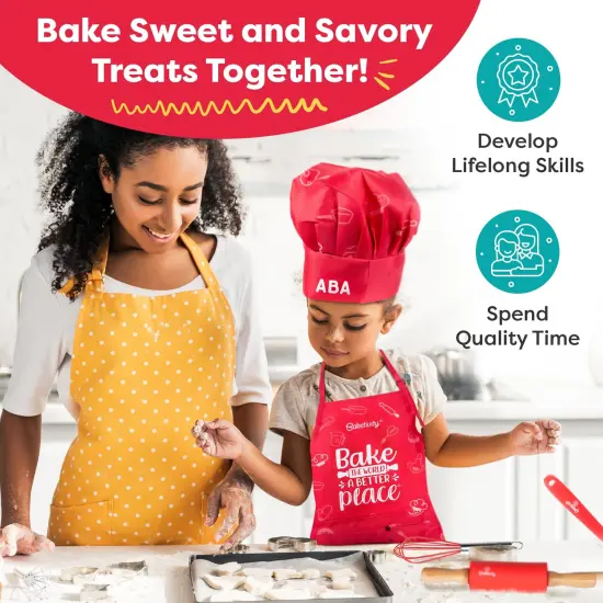 Baketivity Kids Chef Hat and Apron Set for Boys & Girls - One Size Fits All (Adjustable) - Premium, Washable Kids Apron and Chef Hat Set for Cooking - Young Chefs & Junior Bakers Chef Outfit for Kids {6}