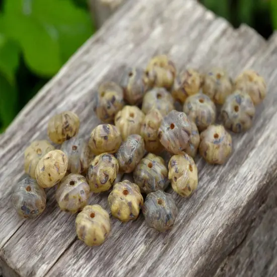 5x8mm Rustic Matte Champagne Beige Picasso Ribbed Rondelle Beads - 8" Strand {4}